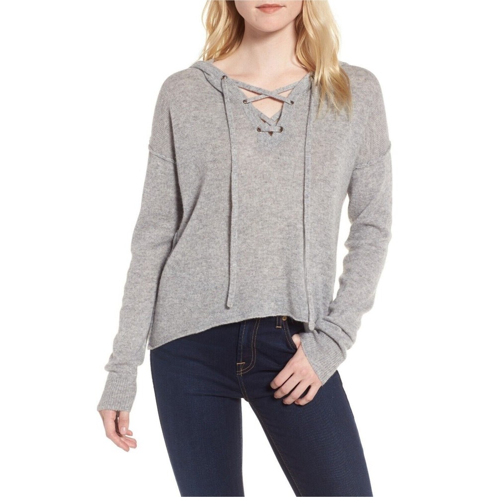 Rails Dakota‎ 100% cashmere hooded lace up sweater Size XS heather grey